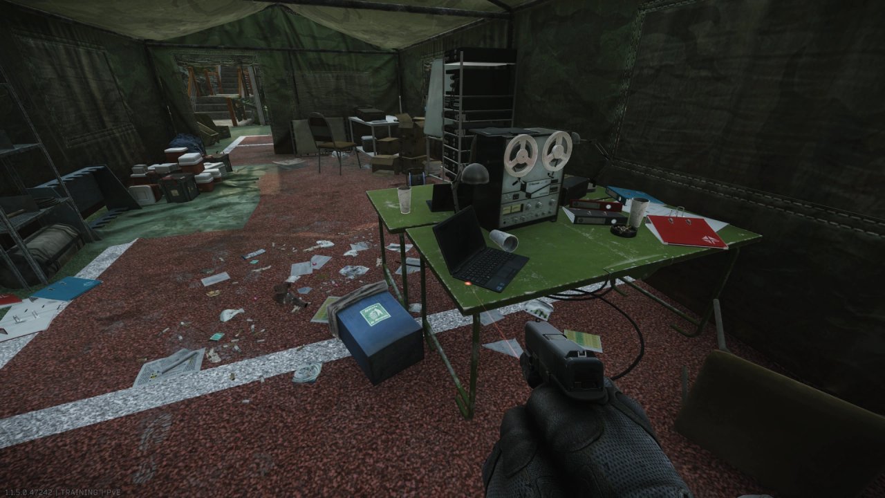 Plugged into a laptop on a table in the tent